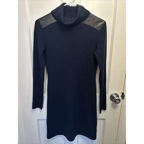 KATE SPADE Wool Turtleneck Midi Knit Navy Dress Sheep Skin Leather Detail XS - Picture 1 of 7